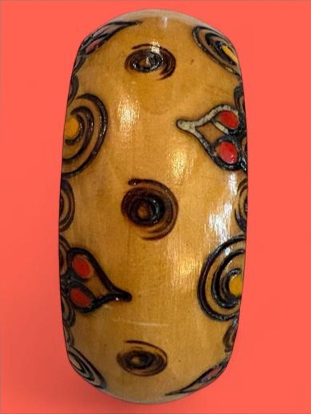 Vintage Hand Painted Wood Boho Wide Chunky Bangle Bracelet Artisan Floral